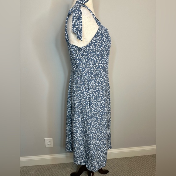Sz 8 Tall Gap button front floral dress tie shoulder blue white midi fully lined - Picture 3 of 7